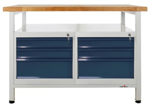 Steinbock Werkbank 6 Schubladen + Boden | 120x84x60 cm | 300 kg | Grau | 300 kg Tragkraft | 4 cm geölte Massivholz-Arbeitsplatte aus Buche | stabiles Stahlgestell | Werktisch | Made in EU