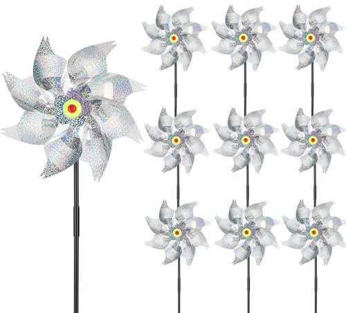 ERBO 10 Stücke Vogelabwehr Windrad, Reflektierende Windräder, Taubenabwehr Balkon, Windrad Garten, Vogelschreck Vogelabwehr für Balkon, Garten, Obstgarten, Hof, Dach (Silber, ø 24cm)