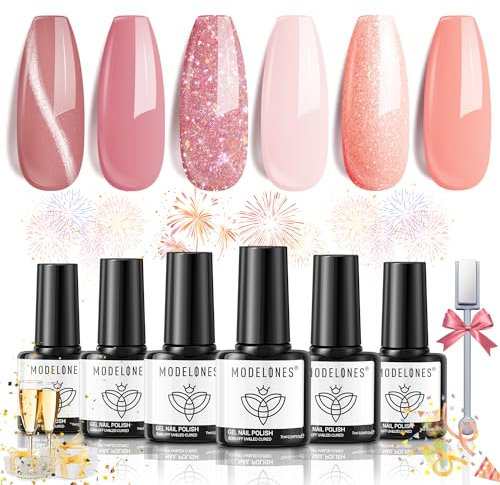 Modelones UV Nagellack Set - 6 Farben Gel Mit Magnet, Cat Eye Rosa Nude Glitzer Soak Off - French Manicure DIY Zu Hause
