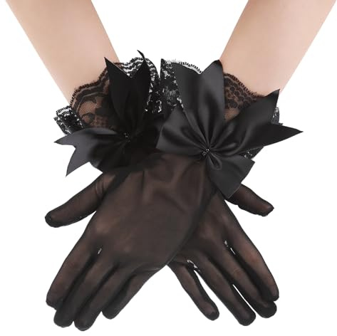 Short Lace Gloves Tea Party Gloves Women Party Bow Lace Gloves for Tea Party Dinner Funeral