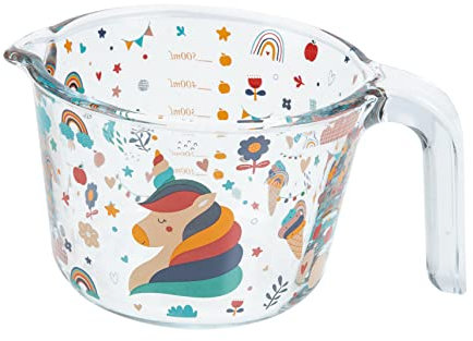OKUMEYR Glass Measuring Cup with Unicorn Cartoon Design 300ml Heat-Resistant Glass Milk Cup for Baking and Kitchen Use