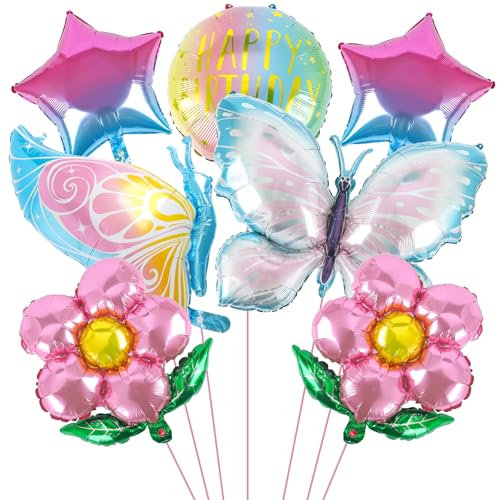 7 Ballons Papillon en Aluminium, Ballons Géants Colorés Papillons Fleurs Mignons XXL, Hélium en Forme étoile pour Anniversaire Enfants Filles