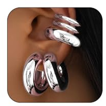 5Pcs Chunky Statement Gold Round Huggie Hoop Earrings, Charm Big Thick Silver Clip On Hoop Non Piercing Cuff Earrings for Women Trendy Ear Cuff Jewelry (Silver)