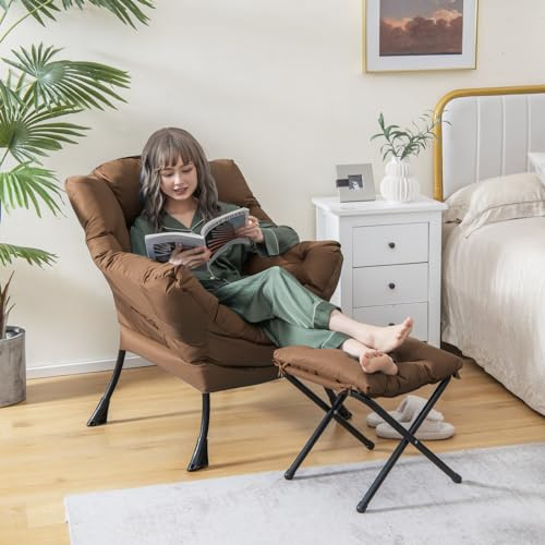 COSTWAY Fauteuil Salon Scandinave avec Repose-Pieds, Fauteuil Relax avec Oreiller et Poche Latérale, Confortable pour Lecture, Cadre en Métal pour Charger de 150 kg (Café)