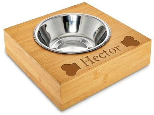 Personalised Dog Bowl with Bamboo Wooden Stand, Custom Engraved Dog Food & Water Bowl for Small Dogs, Puppies & Cats, Raised Pet Feeding Bowl, Small Dog Bowl, 27cm X 27cm (Design 03)