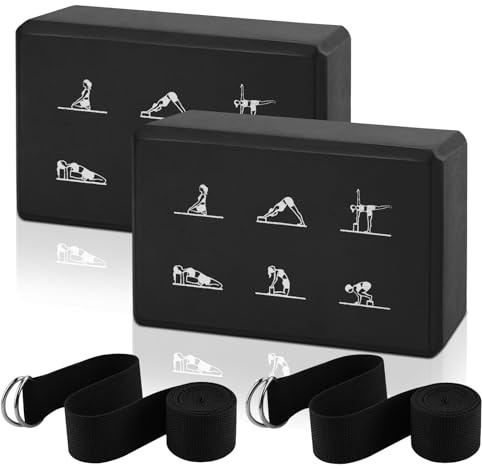 2 Yoga Block and Yoga Strap Set, High Density EVA Foam Blocks, Non-slip Yogas Bricks with 6ft Strap, Supportive Latex-Free Yogas Blocks Kit to Improve Balance(9×6×3)