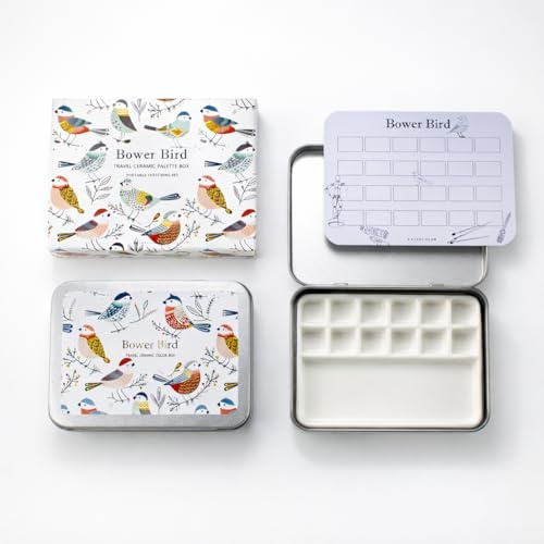 Bower Bird Travel Ceramic Watercolor Palette with 12-Well Porcelain Mixing Tray & Metal Tin Box - Portable Art Kit for Gouache, Studio & Outdoor Painting