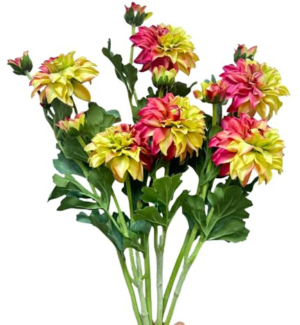 21 Artificial Dahlias,Silk Flowers with Stems,Winter Flowers Artificial for Decoration,Long Stem Artificial Flowers for Tall Vase,Wedding Party Decor Spring Decorations for Home (6, Pink Yellow)