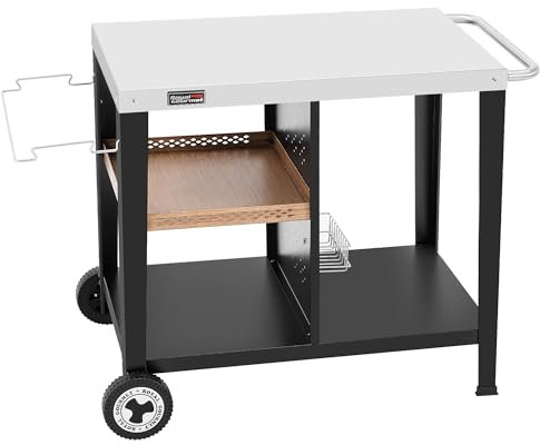 Royal Gourmet Tavolo da barbecue con piastra in acciaio inox da 85 x 50 cm, a 3 ripiani, per barbecue da tavolo e forni da pizza, carrello con manici, porta sacchetti della spazzatura e scaffali