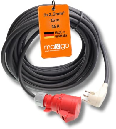maxgo Perilex Adapter auf CEE 16A Kupplung – 15 m Adapterkabel mit Perilex | Winkelstecker, H07RN-F 5G2,5 mm² Gummischlauchleitung, 400 V Kraftstromadapter für Werkstatt, Baustelle und Industrie
