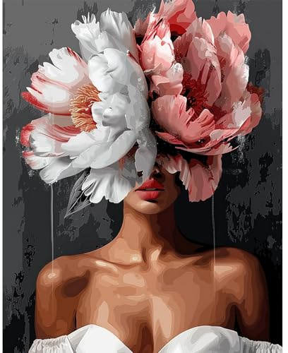 Peinture par Numéros pour Adulte, La beauté derrière les fleurs, Kits de Peinture au Numéro Fleur et fille Avec Pinceaux Peinture de Dessin de Pigment Acrylique, Vloisirs Créatifs Adultes 40x50cm