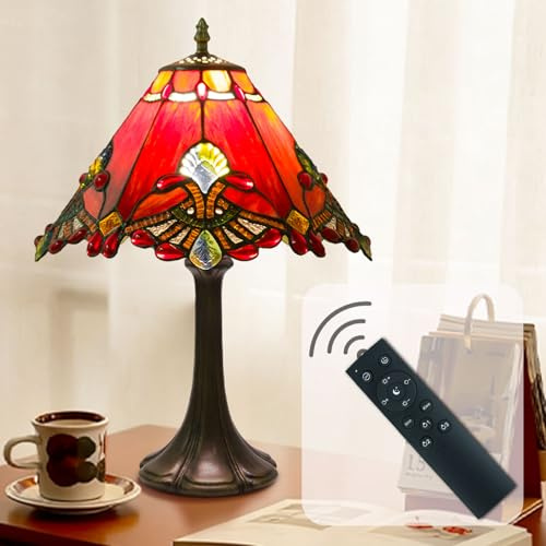 Ppbmocw Tiffany Style Table Lamp, Small Stained Glass Lamp for Bedside, Bedroom, Nightstand, Living Room, 12 Inch Mini Vintage Light Included E26 Bulbs with Remote Control (Red Umbrella)