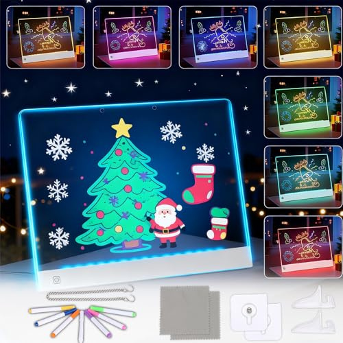 Tableau lumineux Message LED 30x20cm, Tablette lumineuse Dessin, Rechargeable,7 Couleurs Ajustables,Tableau Dessin Led avec Support Réglable Chiffon 7 Stylos de Couleur Idéal pour la Maison le Bureau
