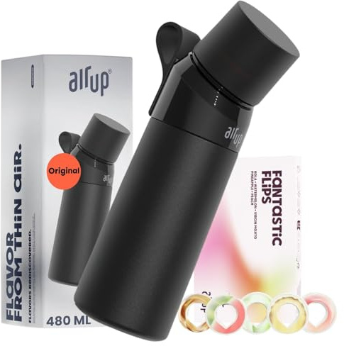 air up® Twist Pro Flasche Steel Starter Set Original aus Edelstahl inkl. Pods in 5 Geschmacksrichtungen, zuckerfrei I 480ml Isolierflasche mit Geschmack, hält Wasser 14 Std. kalt I Schwarz