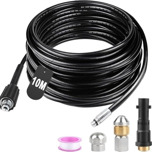 High pressure pipe cleaning hose 10 m 180 bar with rotating nozzle set designed for effective blockage removal in drains and pipes, includes adapter and sealing tape