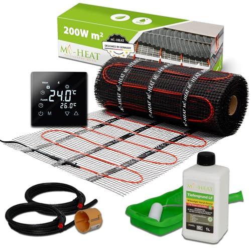 Mi-Heat Kit de chauffage au sol électrique 200 W/m² 1,5 m² - Chauffage au sol électrique - Installation facile - Rénovation - Installation et construction - Avec thermostat C17 numérique - Noir