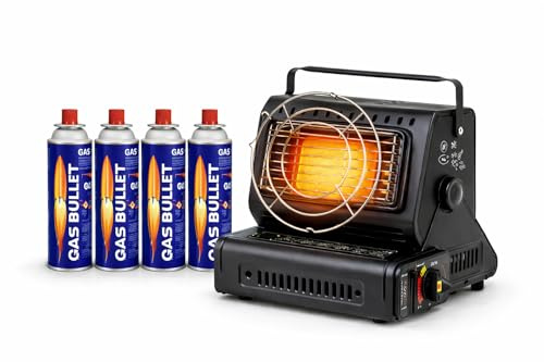 Qivee 2-in-1 Gasheizung Camping, Tragbarer Gasheizer mit Kochfunktion, 1,3 kW Butan Keramik Heizstrahler, Stufenlose Temperaturregelung, Outdoor Indoor Heizgerät, Schwarz + 4 Gaskartuschen