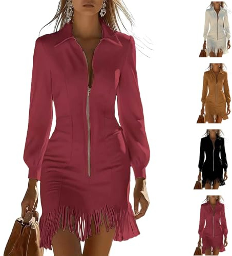 Abito da donna in pelle scamosciata, vintage, alla moda, aderente, con frange, mini abito con scollo a V, maniche lunghe, con cerniera, stile western, con tasche, Rosso, S