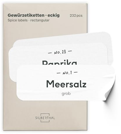 SILBERTHAL Gewürzgläser Etiketten Set (232 Stück) Eckig | Wasserfest & selbstklebend, 180 vorgedruckt + 52 blanko, rückstandslos ablösbar & wiederverwendbar, 2 Größen (60×20 mm /