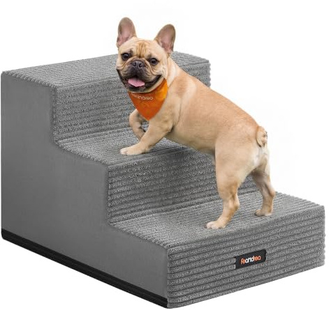 Feandrea Scaletta per Cani a 3 Gradini, Scale in Schiuma ad Alta Densità, Antiscivolo con Fodera Lavabile e Impermeabile, 46 x 40 x 33 cm, Grigio, per Letto e Divano, Collezione Baddi PPS023GD01