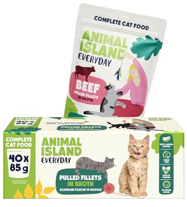 Animal Island Våtfoder för Vuxna Katter Strimlat Nötkött och Kyckling i Buljong Utan Spannmål Utan Tillsatt Socker Komplett Foder Portionspåsar, 40 x 85g