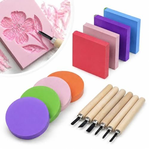 HINATDD Set blocchi per intaglio del timbro di gomma, 10 Blocchi(5 Rotondi e 5 Quadrati 5cm) e 6 Utensili Intaglio, set per incisione su linoleum per Stampa a Blocchi, Scrapbooking, Fai da Te