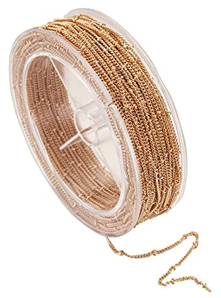 Beadthoven - Catene con palline alternate rotonde, saldate, in ottone, maglia groumette, twisted, per la creazione di bigiotteria, bobina da 15 m, color oro