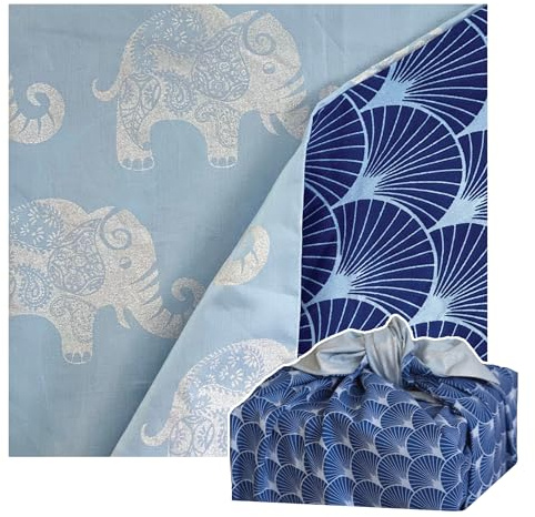 Furoshiki Doppelseitige Stoff Geschenkverpackung, wiederverwendbare Stoffverpackung mit einem blauen Extravaganza mit Indigo Fans und Sky Elephants, für Geschenke und andere Zwecke