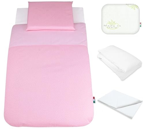 Babysanity Lenzuola Next To Me Compatibili 5 pezzi: Cuscino Neonato Federa Cuscino Piumino Copripiumino Lenzuolo Angoli per Culla Lettino Neonato Chicco Kinderkraft Cam Brevi OEKO-TEX (Pois Ro)