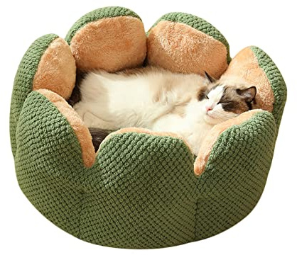Koomuao Rundes Katzenbett,Beruhigendes Flauschiges Katzenbett Hundebett,Haustierbett Waschbar Blume-Form für Katzen und kleine,mittelgroße Hunde (40cm, Grün)