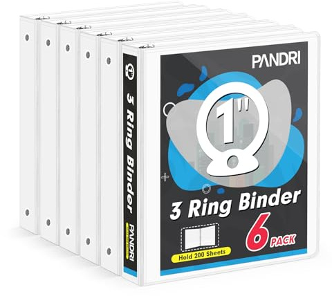 3 Ring Binder 1 Inch, PANDRI 6 Pack 1-Inch Binder Fits Letter Size 8.5'' x 11'' Paper, Versatile Binders for Office Home School, 2 Pockets, White