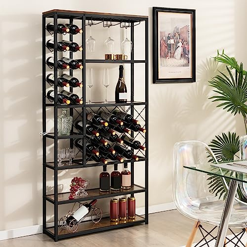 GOPLUS - Estantería para vino con 27 botellas con 3 filas de portavasos y 6 estantes, armario para vino sobre patas con dispositivo antirrobo, para cocina, Bistrot, 81 x 23 x 166 cm