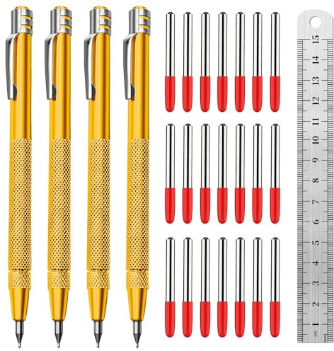 Tungsten Carbide Scriber, Knurled Aluminum Handle, 4-Pack with Bonus Marking Tips and Steel Ruler, Ideal for Detailed Crafting and Carving, Gold