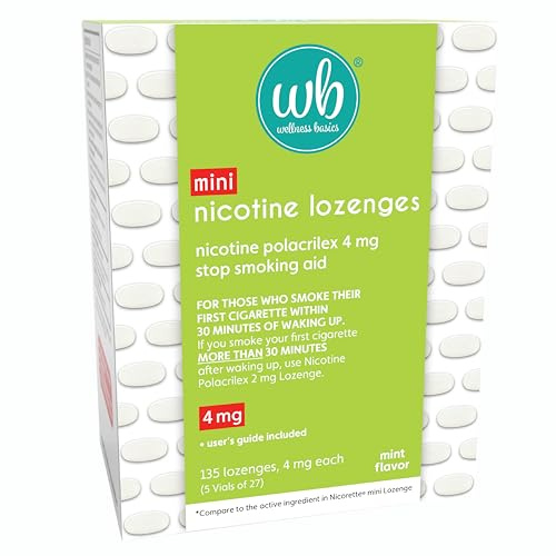 Wellness Basics Mini Nicotine Lozenge 4mg | Stop Smoking Aid | Mint Flavor | 135 Count | Pack of 5 Vials | Reduces Cravings & Withdrawal Symptoms