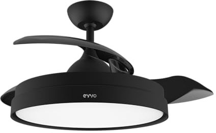 EVVO Ventilador de Techo con Aspas Rectráctiles y Luz, Ø107cm, 3 Aspas, Motor DC 40W, 6 Velocidades, Temporizador hasta 4h, Función Invierno-Verano, Protección IP44 (Negro)