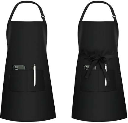 MAGNA COLLECTION 2 Pack Adjustable Bib Chef Aprons with 2 Pockets – Stylish Aprons for Men and Women – Ideal for Cooking, Kitchen, BBQ, Gardening, Restaurant & Coffee Shop (Black)