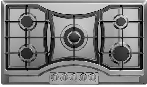 36 inch Drop-in Gas Cooktop with 5 Sealed Burners, Stainless Steel Gas Stovetop, Dishwasher Safe Cast Iron Grates, NG/LPG Convertible, 38K BTU
