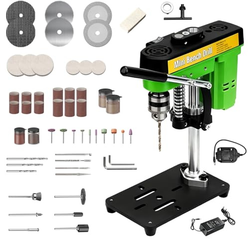 Pillar Drill Press, Mini Bench Drill Press,7-Speed Adjustable,Portable Bench Driller,52 PCS Accessories,100W AC/DC Power,Precision Table Driller Bench Machine for DIY Woodworking, Metal,Jewelry,Craft