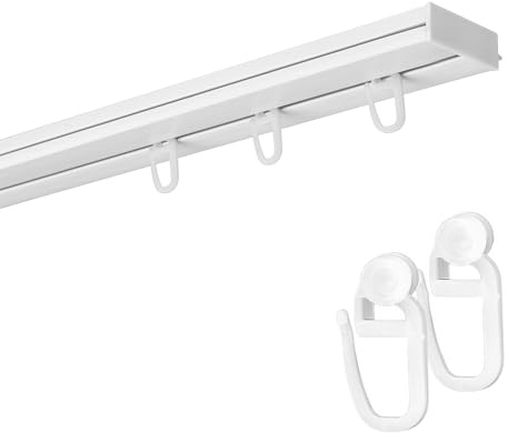 Fenster DEKOR Gardinenschiene 1-läufig – PVC Vorhangschiene zur Deckenmontage, Deckenschiene für Vorhänge, Weiß, mit Haken mit Rolle, 180 cm