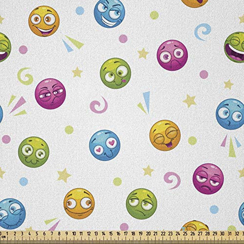 ABAKUHAUS Emoji Stoff als Meterware, Bunte Runde Fun Gesichter, Microfaser Stoff für Dekoratives Basteln, 1M (230x100cm), Weiß Lila Grün