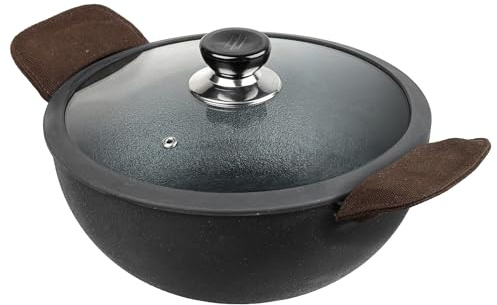 Vinod Legacy Pre-Seasoned Cast Iron Wok (Kadai) with Glass Lid,Deep Frying Pan Wok for Cooking, Non-Stick Cookware,Induction & Gas Compatible, Safe Grip Handle, Black (24cm. Diameter Black with Lid)
