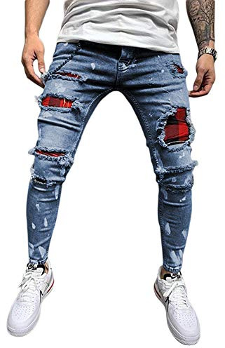 DELIMALI Men's Classic Ripped Jeans, Elastic Waist Stretch Skinny Distressed Denim Trousers Hip Hop Pants Streetwear (Blue, L)