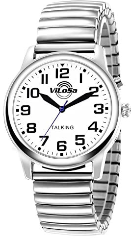 ViLoSa Talking Watch Speaks The Time, Date or Alarm Time for Elderly, Impaired Sight or Blind. White Face-Black Numbers-Expansion Band (Recommended for Men)