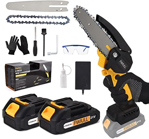 Fwiull Mini Kettensäge mit Akkus, 6 Zoll Elektrosäge Kettensäge Tragbare Einhand Motorsäge Handkettensäge 2 x 2000 mAh Akku mit sicherheitsschloss für Gartenscheren Astschere Holzschneiden