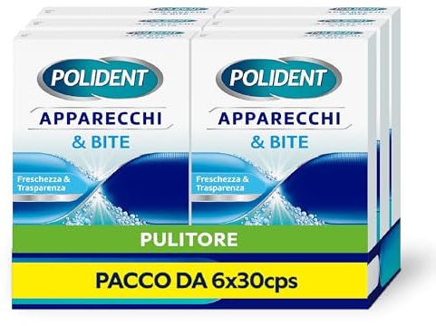 Polident Apparecchi & Bite, Pulitore per Protesi Dentale, Allineatori, Paradenti Sportivi, Bite Anti Bruxismo, Pacco da 6x30 compresse
