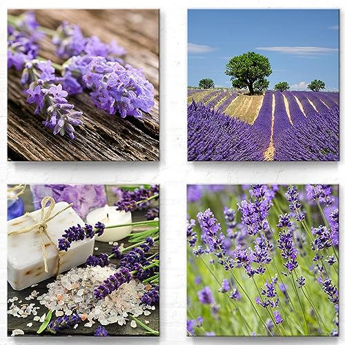Lavendel Deko Bilder für Wohnung und Büro als Leinwandbilder im 4er Set B - 40x40cm je Wandbild. Das Bilder-Set mit Bildern von Lavendel wird aufhängefertig an Sie versandt