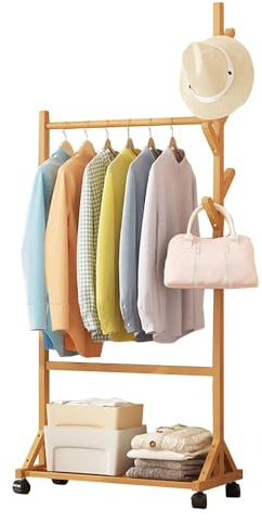 BEARQUN Kleiderständer Holz, Kleiderständer auf Rollen, Garderobe mit Ablage und Stange, Stabil Garderobenständer, Garderobe Holz Kleiderbaum freistehend, 66/76/86/106CMx35CMx155CM