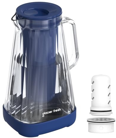 GLACIER FRESH Glas Wasserfilter-Kanne | 2,5 L | 1x Aktivkohle + 1x Ultrafiltration Filter | Reduziert Chlor, Fluorid, Kalkablagerungen, Schwermetalle wie Blei, Kupfer | Blau