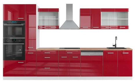 Vicco Küchenzeile R-Line, Rot Hochglanz/Weiß, 350 cm mit Hochschrank, AP Eiche