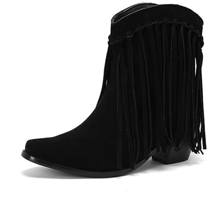 Seborluys Black Fringe Ankle Cowboy Boots for Women Short Cowgirl Booties Western Fringed Tassel Ankle Boots Low Heel,Black,39,US8